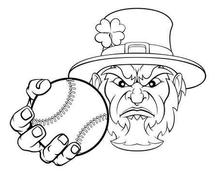 A leprechaun baseball sports mascot holding a ball 