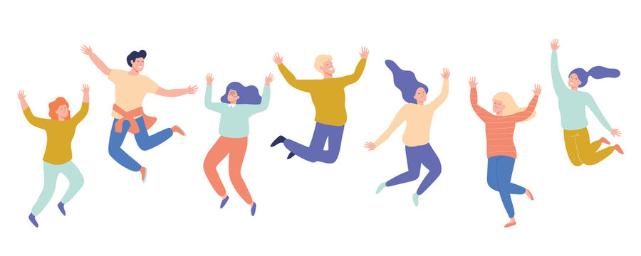 Group of young happy laughing people jumping with raised hands. Students. Vector flat cartoon illustration isolated on white background.