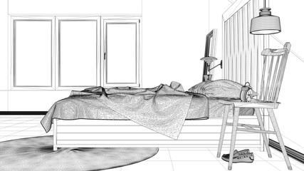 Interior design project, black and white ink sketch, architecture blueprint showing modern bedroom, bed with wooden headboard, minimalist architecture interior design