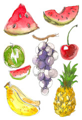 Set of hand drawn watercolor painting on white background. Aquarelle illustration of a tropical fruits. Sketch style. Watermelon, cherry, pineapple, grapes, banana. - 230964294