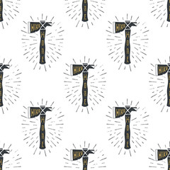 Camping axes cross pattern. Lumberjack equipment seamless. Hike more text inside. Stock Vector wallpaper illustration