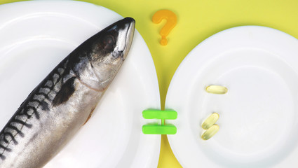 Oily fish mackerel and (or) food supplement omega-3 in capsules. Concept of choice