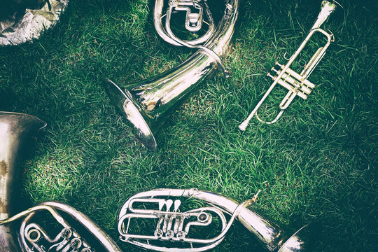 Set of old musical instruments.