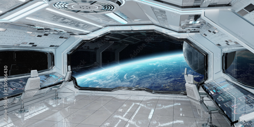 Poster white clean spaceship interior with view on planet earth 3d rendering