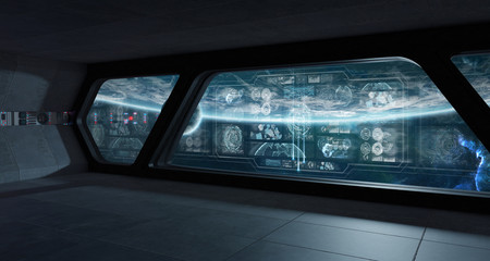 Dark spaceship interior with control panel digital screens 3D rendering © sdecoret