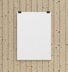 Blank white poster hanging up with clips mockup