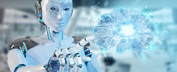 Robot creating artificial intelligence in a digital brain 3D rendering