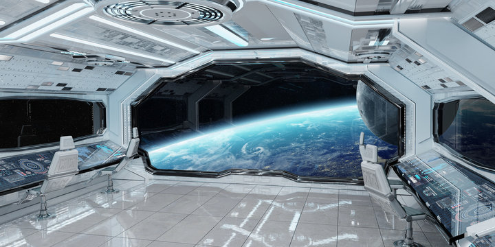Fototapeta White clean spaceship interior with view on planet Earth 3D rendering