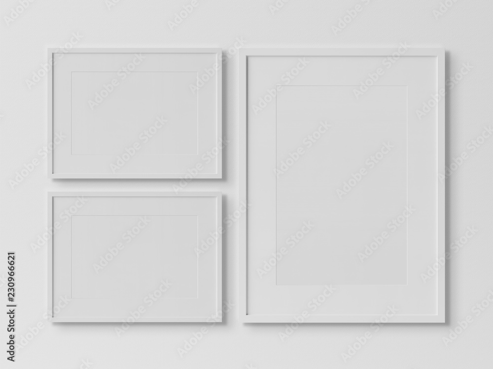 Aufkleber White rectangular frames hanging on a white wall mockup 3D rendering