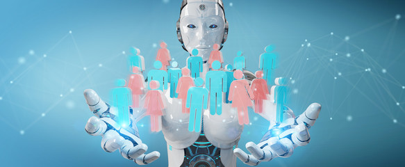 White cyborg controlling group of people 3D rendering