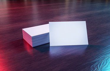 White business card stack on wooden desk 3D rendering