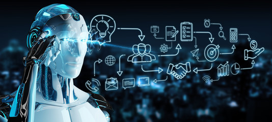 White humanoid creating artificial intelligence interface