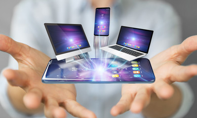 Modern devices connected in businesswoman hand 3D rendering