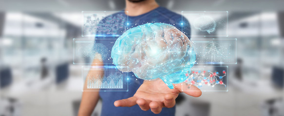 Businessman using digital 3D projection of a human brain 3D rendering