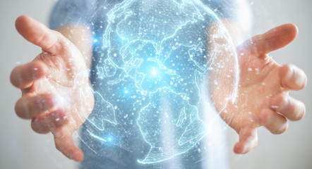 Businessman using globe network hologram with America Usa map 3D rendering