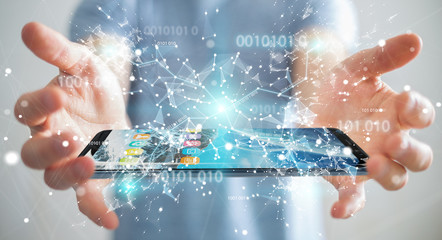Businessman using digital binary code on mobile phone 3D rendering