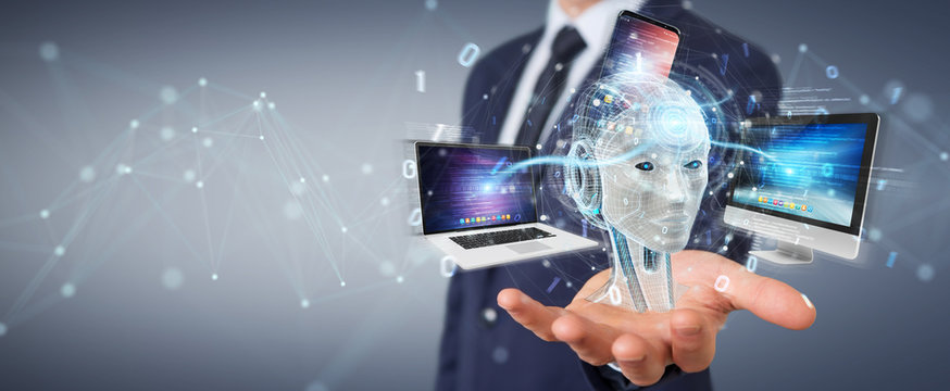 Businessman using white humanoid controlling modern devices 3D rendering