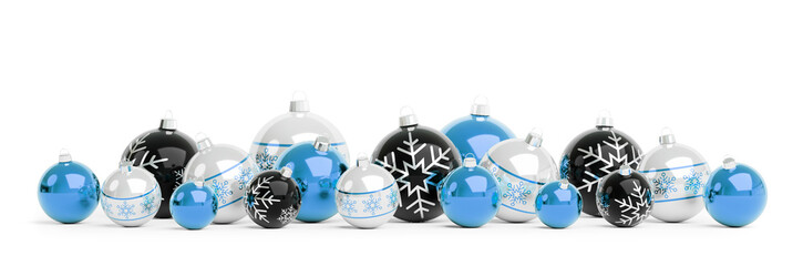 Blue and white christmas baubles isolated 3D rendering