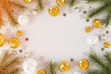 Christmas card mockup with golden baubles 3D rendering