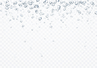 Bubbles underwater texture isolated on transparent background. Vector fizzy air, gas or oxygen under water. Realistic champagne drink, soda effect template.