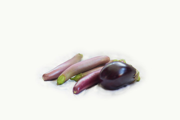 Different grades of Eggplants on a white background. Long eggplants. Vegetables