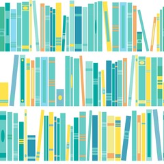 seamless pattern with shelf of books on white background. Flat reading wallpaper.