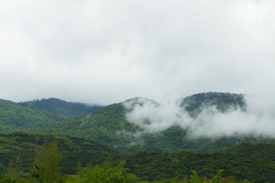 Fototapeta Mountain covered with clouds and fogs on top of mountain in Ratchaburi, Thailand