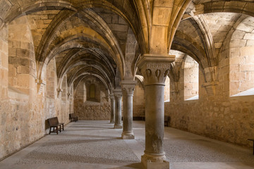 room with columns in the monastery of Santa Maria de Huerta, Soria, Spain