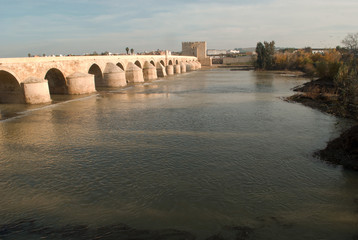 Fototapeta na wymiar sunset on the Roman bridge of Cordoba, on the river Guadalquivir