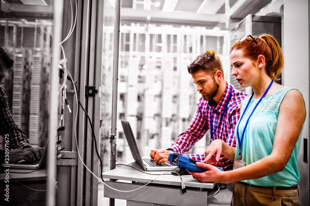 Poster technicians using laptop while analyzing server