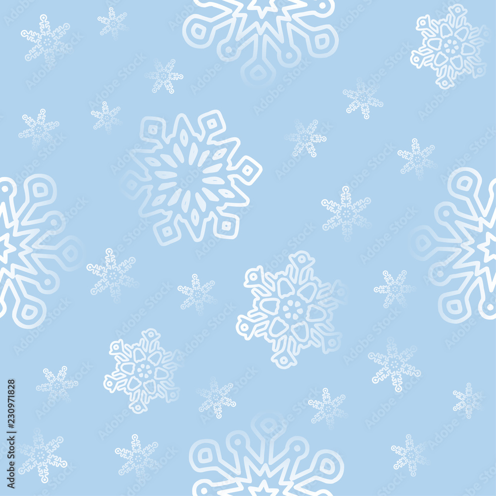 Poster seamless winter background with various snowflakes. vector graphic pattern.