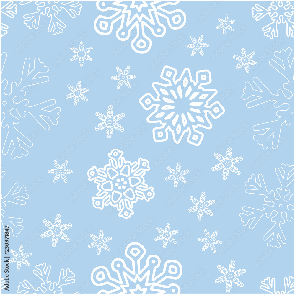 Poster seamless winter background with various snowflakes. vector graphic pattern.