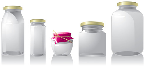 Set of 6 empty jar isolated on white background.