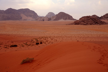 Fototapeta na wymiar panoramic view of wadi rum desert lookin like mars planet with rocks and red sand