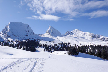 Fototapeta na wymiar horizontal view of a winter mountain landscape with three peaks and a long hiking and snowshoe trail in the foreground
