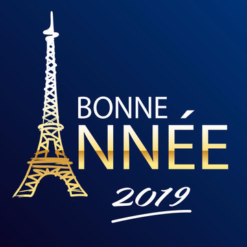 Carte de vœux 2019 représentant Paris et la tour Eiffel en lettres dorée sur fond bleu nuit