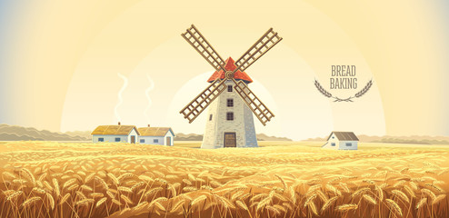 Rural autumn landscape with windmill and wheat field. - obrazy, fototapety, plakaty