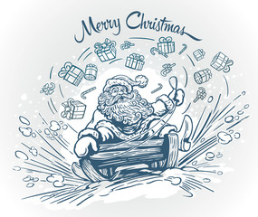 Surprised and cheerful Santa Claus, rides the mountain on a sleigh, losing on the way Christmas gifts and sweets. 