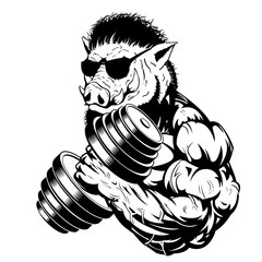 Vector illustration a strong ferocious boar bodybuilder shows a large bicep