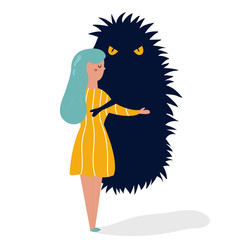 Depressed woman hugging abstract depression.