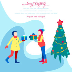 Merry Christmas poster with Christmas tree and friends with gifts.