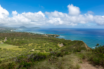 Coastline views from the Diamond Head Volcano Walk on a sunny day at Waikiki Honolulu Hawaii on the 8th of October 2018