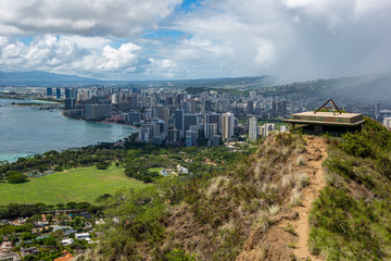 The Diamond Head war bunkers and the iconic Waikiki Beach in the background from the Diamond Head Volcano Walk on a sunny day at Waikiki Honolulu Hawaii on the 8th of October 2018