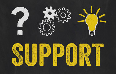 Fragezeichen, Zahnräder, Glühbirne - Support