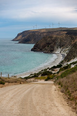 A portrait photo of Morgans Beach Cape Jervis showing the gravel access road and the starfish...