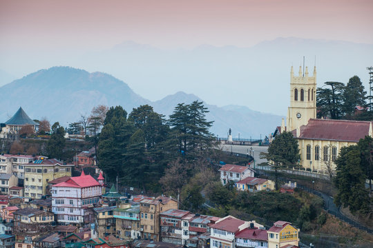 View of city looking towards the Ridge and Christ Church, Shimla (Simla), Himachal Pradesh