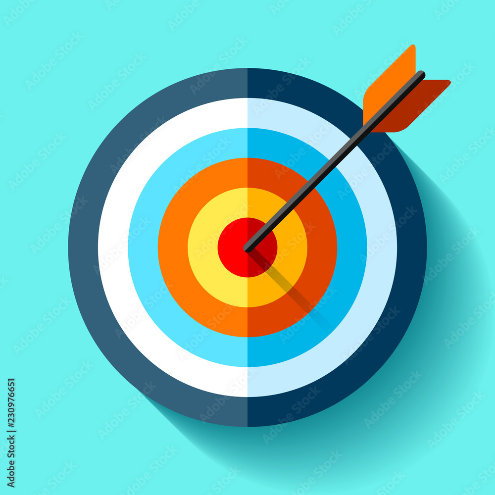 Poster volume target icon in flat style on color background. arrow in the center aim. vector design element