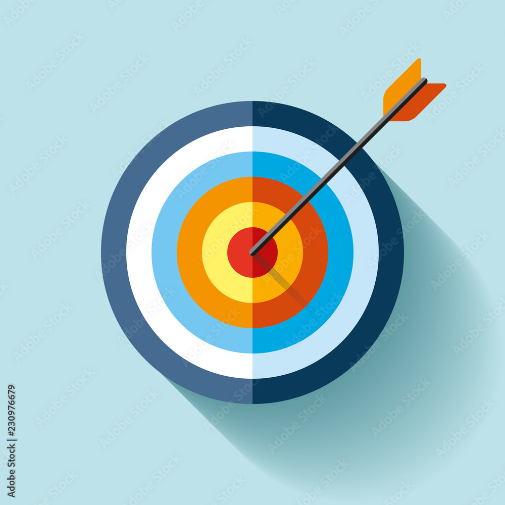Poster volume target icon in flat style on color background. arrow in the center aim. vector design element