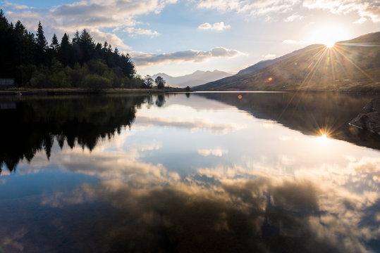 Llynnau Mymbyr Lake at sunset, Capel Curig, Snowdonia National Park, North Wales