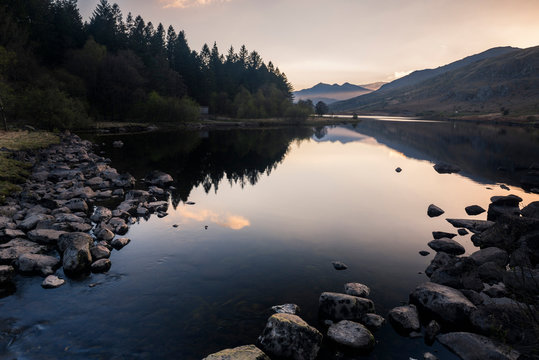 Llynnau Mymbyr Lake at sunset, Capel Curig, Snowdonia National Park, North Wales